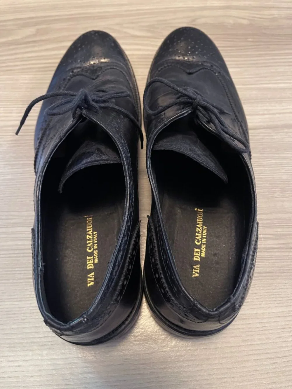 Via Dei Calzaiuoli Black Leather Wingtip Oxford Dress Shoes Made in Italy Sz 44